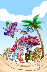 Size: 4063x6165 | Tagged: safe, artist:chibi-jen-hen, official art, applejack (mlp), fluttershy (mlp), pinkie pie (mlp), rainbow dash (mlp), rarity (mlp), spike (mlp), twilight sparkle (mlp), alicorn, arthropod, crab, crustacean, dragon, earth pony, equine, fictional species, mammal, pegasus, pony, unicorn, western dragon, feral, semi-anthro, friendship is magic, hasbro, idw my little pony, my little pony, 2018, absurd resolution, beach, cart, clothes, cloud, cutie mark, dive mask, eyelashes, eyes closed, flippers (gear), flying, glasses, hair, hat, headwear, hooves, inflatable, inflatable toy, inner tube, male, mane, mane six (mlp), open mouth, open smile, palm tree, plant, sand, shades, shell, sky, smiling, snorkel, sunglasses, tree, umbrella, wings