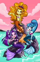 Size: 3300x5100 | Tagged: safe, artist:chibi-jen-hen, adagio dazzle (mlp), aria blaze (mlp), sonata dusk (mlp), equine, fictional species, fish, hippocampus, mammal, mermaid, siren, siren (mlp), humanoid, equestria girls, friendship is magic, hasbro, my little pony, 2018, absurd resolution, belly button, bra, breasts, clothes, cloud, ear fins, ears, female, females only, fins, group, looking at you, midriff, ocean, sitting, sky, smiling, species swap, tail, the dazzlings (mlp), trio, trio female, underwear, water
