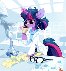 Size: 920x982 | Tagged: safe, artist:tomatocoup, twilight sparkle (mlp), equine, fictional species, mammal, pony, unicorn, feral, equestria girls, friendship is magic, hasbro, my little pony, 2017, bandage, bipedal leaning, coffee, container, cup, drink, ear fluff, eyelashes, female, fluff, glasses, glowing, glowing horn, hair, horn, lab coat, laboratory, leaning, mane, mare, messy mane, ponified, purple body, purple eyes, sci-twi (mlp), solo, tail, tongue, tongue out