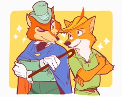 Size: 1472x1172 | Tagged: safe, artist:uochandayo, robin hood (robin hood), canine, fox, mammal, red fox, anthro, disney, pinocchio (disney), robin hood (disney), 2d, cane, crossed arms, crossover, duo, duo male, john worthington foulfellow (pinocchio), looking at each other, male, males only, one eye closed, winking