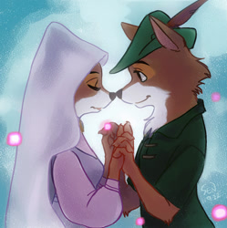 Size: 640x643 | Tagged: safe, artist:sii-sen, maid marian (robin hood), robin hood (robin hood), canine, fox, mammal, red fox, disney, robin hood (disney), 2011, 2d, canon ship, couple, duo, eyes closed, female, holding, holding hands, male, male/female, shipping, vixen