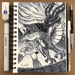Size: 894x894 | Tagged: safe, artist:tsaoshin, link (zelda), dragon, eastern dragon, fictional species, feral, nintendo, the legend of zelda, the legend of zelda: ocarina of time, duo, duo male, inktober, irl, looking at each other, male, males only, monochrome, photo, photographed artwork, shield, sword, traditional art, volvagia (zelda), weapon