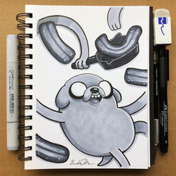 Size: 894x894 | Tagged: safe, artist:tsaoshin, jake the dog (adventure time), canine, dog, mammal, anthro, adventure time, cartoon network, bacon, food, frying pan, inktober, irl, male, meat, monochrome, photo, photographed artwork, solo, solo male, traditional art