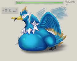 Size: 4222x3322 | Tagged: suggestive, artist:thundermaid, oc, oc:thunk (gyro), bird, cormorant, cramorant, fictional species, feral, nintendo, pokémon, blue body, colored flesh, digestion, male, saliva, stomach bulge, tongue, tongue out, vore, weight gain, white body