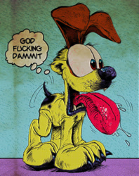 Size: 1280x1619 | Tagged: safe, artist:wreckham, odie (garfield), canine, dog, mammal, feral, garfield (comic), bloodshot eyes, drooling, male, saliva, solo, solo male, tongue, tongue out, vulgar