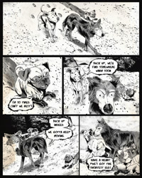 Size: 1280x1600 | Tagged: safe, artist:wreckham, canine, dog, mammal, pit bull, pug, wolf, feral, 2022, 2d, ambiguous gender, ambiguous only, comic, dialogue, group, monochrome, talking, trio, trio ambiguous, walking