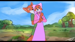 Size: 1280x720 | Tagged: safe, artist:trevart, maid marian (robin hood), robin hood (robin hood), canine, fox, mammal, red fox, disney, robin hood (disney), 2d, canon ship, couple, duo, female, looking at you, male, plant, shipping, tree, vixen