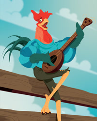 Size: 600x750 | Tagged: safe, artist:mikemahle, alan-a-dale (robin hood), bird, chicken, anthro, disney, robin hood (disney), 2d, beak, bird feet, feathers, fence, looking at you, lute, male, open beak, open mouth, rooster, sitting, solo, solo male, tail, tail feathers