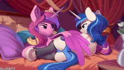 Size: 1920x1080 | Tagged: suggestive, artist:discordthege, princess cadence (mlp), alicorn, equine, fictional species, mammal, pony, unicorn, feral, friendship is magic, hasbro, my little pony, 16:9, 2020, bed, bedroom eyes, cameltoe, clothes, detailed background, digital art, duo, duo female, ears, eyelashes, feathered wings, feathers, female, female/female, females only, feral/feral, fur, hair, half r63 shipping, horn, looking at each other, lying down, lying on bed, married couple, on bed, panties, pillow, rule 63, shipping, spread wings, tail, underwear, wallpaper, wife, wings, wives