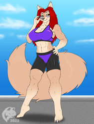 Size: 818x1080 | Tagged: safe, artist:ghostwolf36, oc, oc only, oc:sarah fraser (ghostwolf36), canine, fictional species, mammal, werewolf, anthro, digitigrade anthro, 2022, abs, bedroom eyes, belly button, biceps, black nose, bottomwear, clothes, detailed background, digital art, ears, eyelashes, female, fur, glasses, hair, hand on hip, muscles, muscular female, shorts, solo, solo female, sports bra, sports shorts, tail, topwear