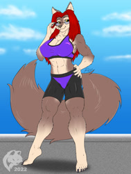 Size: 818x1080 | Tagged: safe, alternate version, artist:ghostwolf36, oc, oc only, oc:sarah fraser (ghostwolf36), canine, fictional species, mammal, werewolf, anthro, digitigrade anthro, 2022, abs, bedroom eyes, belly button, biceps, black nose, bottomwear, clothes, detailed background, digital art, ears, eyelashes, female, fur, glasses, hair, hand on hip, muscles, muscular female, shorts, solo, solo female, sports bra, sports shorts, tail, topwear