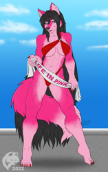 Size: 677x1080 | Tagged: suggestive, artist:ghostwolf36, oc, oc only, oc:selenica rae (ghostwolf36), canine, mammal, wolf, anthro, digitigrade anthro, 2022, abs, bedroom eyes, belly button, bikini, black nose, clothes, detailed background, digital art, ears, eyelashes, female, fur, hair, looking at you, muscles, muscular female, pose, solo, solo female, swimsuit, tail