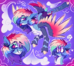 Size: 2048x1822 | Tagged: safe, artist:yumkandie, rainbow dash (mlp), equine, fictional species, mammal, pegasus, pony, feral, friendship is magic, hasbro, my little pony, 2022, alternate design, blep, feathered wings, feathers, female, hair, mane, mare, rainbow hair, rainbow mane, rainbow tail, rainbow wings, smiling, solo, solo female, tail, tongue, tongue out, wings
