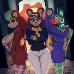 Size: 1200x1200 | Tagged: safe, artist:paradoxing5, labelle (animal crossing), mabel (animal crossing), sable (animal crossing), hedgehog, mammal, anthro, animal crossing, nintendo, 2022, bedroom eyes, bikini, black nose, bottomwear, breasts, clothes, digital art, ears, eyelashes, female, females only, fur, glasses, glasses on head, hair, legwear, looking at you, pants, shirt, side view, sideboob, simple background, sling bikini, smiling, smiling at you, stockings, sunglasses, sunglasses on head, swimsuit, tail, thighs, topwear, trio, trio female, wide hips