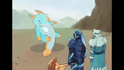 Size: 1280x720 | Tagged: safe, artist:bainite14, fictional species, human, mammal, monster, reptile, zinogre, feral, capcom, monster hunter, 3 toes, animated, armor, blue body, blue fur, blue nose, body markings, breakdancing, cat breakdancing meme, day, fanged wyvern, feet, fur, gloves (arm marking), gray body, gray fur, group, hair, holding, holding object, holding weapon, horn, leg marking, looking at another, male, meme, outdoors, paw pads, paws, pink pawpads, shadow, short hair, short playtime, socks (leg marking), sound, standing, toes, video game, weapon, webm, white body, white fur, yellow body, yellow fur, yellow horns