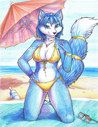 Size: 773x1000 | Tagged: safe, artist:iggi, krystal (star fox), canine, fox, mammal, anthro, digitigrade anthro, nintendo, star fox, 2013, beach, beach blanket, beach umbrella, belly button, bikini, breasts, chest fluff, clothes, cloud, commission, detailed background, ears, eyelashes, female, fluff, fur, glasses, glasses off, hair, kneeling, looking at you, ocean, pose, sand, side-tie bikini, sky, smiling, smiling at you, solo, solo female, sunglasses, swimsuit, tail, thighs, traditional art, tribal markings, umbrella, vixen, water, wide hips