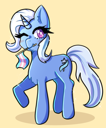 Size: 1989x2400 | Tagged: safe, artist:ashes-arts, artist:mylittleyuri, trixie (mlp), equine, fictional species, mammal, pony, unicorn, friendship is magic, hasbro, my little pony, female, flag, holding, hooves, mare, mouth hold, mtf transgender, one eye closed, pride, pride flag, raised hoof, simple background, solo, solo female, transgender, transgender pride flag, winking, yellow background