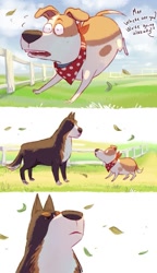 Size: 467x810 | Tagged: artist needed, source needed, safe, max (the secret life of pets), rooster (the secret life of pets), canine, dog, mammal, feral, illumination entertainment, the secret life of pets, all fours, bandanna, clothes, comic, fence, frowning, grass, leaf, looking at each other, male, males only