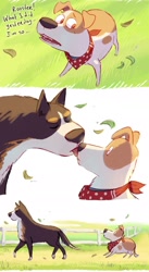 Size: 1050x1920 | Tagged: artist needed, source needed, safe, max (the secret life of pets), rooster (the secret life of pets), canine, dog, mammal, feral, illumination entertainment, the secret life of pets, all fours, bandanna, clothes, comic, dialogue, leaf, licking, looking at someone, male, male/male, maxster (the secret life of pets), open mouth, shocked, talking, tongue, tongue out, walking