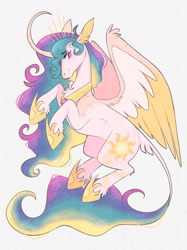 Size: 1280x1707 | Tagged: safe, artist:wanderingpegasus, princess celestia (mlp), alicorn, equine, fictional species, mammal, pony, feral, friendship is magic, hasbro, my little pony, 2022, curved horn, feathered wings, feathers, female, hoof shoes, horn, mare, peytral, smiling, solo, solo female, wings