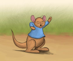 Size: 973x821 | Tagged: safe, artist:louisetheanimator, roo (winnie-the-pooh), animate object, fictional species, kangaroo, living plushie, mammal, marsupial, semi-anthro, disney, winnie-the-pooh, 2d, macropod, male, plushie, solo, solo male, young