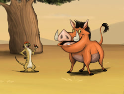 Size: 1024x780 | Tagged: safe, artist:louisetheanimator, pumbaa (the lion king), timon (the lion king), mammal, meerkat, mongoose, suid, warthog, feral, disney, the lion king, 2d, duo, duo male, male, males only, on model