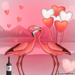 Size: 894x894 | Tagged: safe, artist:louisetheanimator, bird, flamingo, feral, alcohol, ambiguous gender, ambiguous only, ambiguous/ambiguous, balloon, drink, duo, duo ambiguous, heart