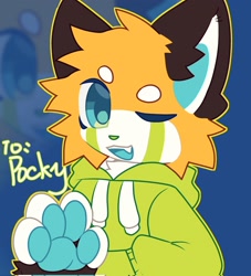 Size: 1862x2048 | Tagged: safe, artist:frank_0623, oc, oc only, oc:pocky (dont jinxit), mammal, red panda, anthro, black ears, blue eyes, blue paw pads, blue tongue, cheek fluff, circle eyebrows, clothes, colored tongue, cyan paw pads, cyan tongue, eyebrows, fangs, female, fluff, green hoodie, green nose, hair, hoodie, one eye closed, open mouth, paw pads, sharp teeth, solo, solo female, teeth, tomboy, tongue, topwear, white eyebrows, winking