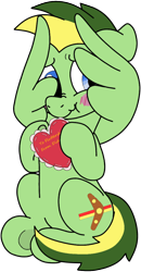 Size: 536x1033 | Tagged: safe, artist:bishopony, artist:didgereethebrony, oc, oc only, oc:didgeree, equine, fictional species, mammal, pegasus, pony, feral, hasbro, my little pony, trace, base used, blushing, cute, cutie mark, embarrassed, implied shipping, male, plush heart, scrunchy face, shy, simple background, solo, solo male, transparent background