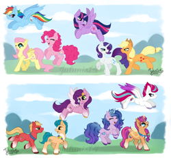 Size: 5650x5236 | Tagged: safe, artist:julunis14, applejack (mlp), fluttershy (mlp), hitch trailblazer (mlp), izzy moonbow (mlp), pinkie pie (mlp), pipp petals (mlp), rainbow dash (mlp), rarity (mlp), sprout cloverleaf (mlp), sunny starscout (mlp), twilight sparkle (mlp), zipp storm (mlp), alicorn, earth pony, equine, fictional species, mammal, pegasus, pony, unicorn, friendship is magic, hasbro, my little pony, my little pony g5, spoiler:my little pony g5, 2022, absurd resolution, circlet, colored hooves, colored wings, cutie mark, ear fluff, female, fluff, flying, hair, head turn, hooves, looking at each other, male, mane, mane five (mlp g5), mane six (mlp), mare, multicolored mane, multicolored tail, multicolored wings, new mane six (mlp g5), open mouth, outdoors, rainbow hair, rainbow mane, split screen, stallion, tail, unshorn fetlocks, walking, wings