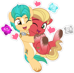 Size: 5000x4941 | Tagged: safe, artist:jhayarr23, hitch trailblazer (mlp), sprout cloverleaf (mlp), earth pony, equine, fictional species, mammal, pony, feral, hasbro, my little pony, my little pony g5, spoiler:my little pony g5, 2022, commission, cute, cutie mark, duo, duo male, flower, heart, hitchsprout (mlp), hooves, hooves in air, hug, looking at each other, male, male/male, males only, nuzzling, one eye closed, open mouth, plant, rose, shipping, tail, unshorn fetlocks, ych result