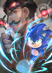 Size: 1000x1414 | Tagged: safe, artist:赤竹ただきち, doctor eggman (sonic), sonic the hedgehog (sonic), hedgehog, human, mammal, robot, anthro, sega, sonic the hedgehog (series), sonic the hedgehog movie, 2020, blue body, blue fur, fur, goggles, goggles on head, male, mustache, quills, running, smiling, tongue, tongue out