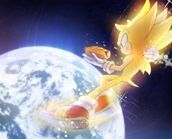 Size: 2470x2000 | Tagged: safe, artist:nisibo25, sonic the hedgehog (sonic), hedgehog, mammal, sega, sonic the hedgehog (series), 2022, chili dog, clothes, earth, food, gloves, high res, hot dog, male, planet, quills, red eyes, sneakers, space, super sonic, tail