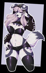 Size: 813x1280 | Tagged: safe, artist:teranen, canine, dog, mammal, anthro, black border, border, bottomwear, breasts, clothes, crop top, female, micro shorts, shorts, solo, solo female, tail, thick thighs, thighs, topwear, wide hips