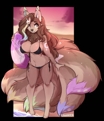 Size: 1104x1280 | Tagged: safe, artist:teranen, oc, oc only, canine, fictional species, fox, kitsune, mammal, anthro, digitigrade anthro, 2022, absolute cleavage, almost nude, beach, belly button, big breasts, bikini, black border, black nose, border, breasts, brown body, brown hair, brown tail, cleavage, clothes, female, hair, inner tube, looking at you, midriff, multiple tails, nudity, partial nudity, smiling, smiling at you, solo, solo female, swimsuit, tail, thick thighs, thighs, wide hips