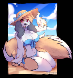 Size: 1200x1280 | Tagged: safe, artist:teranen, oc, oc only, canine, dog, mammal, anthro, 2022, almost nude, beach, big breasts, bikini, black border, black nose, border, breasts, chest fluff, cleavage, clothes, female, fluff, gray hair, hair, hat, headwear, looking at you, midriff, nudity, partial nudity, red eyes, sitting, smiling, smiling at you, solo, solo female, sun hat, swimsuit, tail, thick thighs, thighs, white body, wide hips