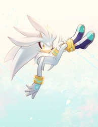 Size: 1194x1542 | Tagged: safe, artist:nisibo25, silver the hedgehog (sonic), hedgehog, mammal, anthro, sega, sonic the hedgehog (series), 2022, boots, chest fluff, clothes, fluff, gloves, legs in air, looking at you, male, quills, shoes, solo, solo male