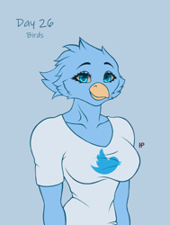 Size: 1500x1980 | Tagged: safe, artist:hermitpioneer, tweetfur, bird, anthro, twitter, clothes, female, looking at you, mascot, shirt, solo, solo female, t-shirt, topwear