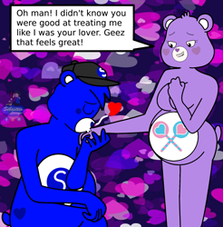 Size: 1580x1608 | Tagged: suggestive, artist:mrstheartist, share bear (care bears), oc, oc:creative bear, bear, fictional species, mammal, anthro, care bears, care bears: unlock the magic, anthrofied, base used, belly badge, black outline, bright colors, cap, care bear, couple, female, hat, headwear, kiss on the hand, male, male/female, not pregnant, round belly, slightly chubby, speech bubble
