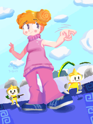 Size: 1414x1888 | Tagged: safe, artist:4zumarill, tap trial girl (rhythm heaven), human, mammal, monkey, primate, semi-anthro, nintendo, rhythm heaven, bottomwear, clothes, cloud, dancing, female, female focus, glasses, group, high angle, holding, holding object, human focus, open mouth, pointing, shoes, sky, solo focus, stick, topwear, trio