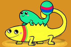 Size: 1100x720 | Tagged: safe, alternate version, artist:marilolswagxd, lizard, reptile, feral, series:rhythm heaven reanimated, nintendo, rhythm heaven, blushing, brown background, female, holding, looking at each other, male, male/female, maracas, simple background, tail, tail hold
