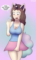 Size: 768x1280 | Tagged: safe, artist:decourem, animal humanoid, fictional species, galarian ponyta, mammal, ponyta, humanoid, nintendo, pokémon, 2020, bottomwear, breasts, clothes, commission, detailed background, dialogue, digital art, eared humanoid, ears, eyelashes, female, hair, horn, horned humanoid, human to humanoid, looking down, open mouth, shirt, shrunken pupils, simple background, skin, skirt, solo, solo female, speech bubble, tail, tailed humanoid, talking, text, thighs, tongue, topwear, transformation, wide hips