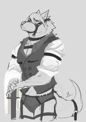 Size: 595x842 | Tagged: suggestive, artist:wolfie_xuan, von lycaon (zzz), canine, mammal, wolf, anthro, abs, bridle, bulge, choker, clothes, eyepatch, fur, gray background, grayscale, hair, male, monochrome, muscles, muscular anthro, muscular male, nudity, pantsless, pecs, simple background, sketch, solo, solo male, sword, tack, thick thighs, thighs, topwear, underwear, vest, weapon, white body, white fur, white hair, zenless zone zero