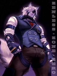Size: 600x800 | Tagged: safe, artist:hinnab_art, von lycaon (zzz), canine, mammal, wolf, anthro, 2022, bridle, brown pants, clothes, digital art, digital painting, fingerless gloves, fur, gloves, lighting, looking at you, looking down, low angle, male, solo, solo male, tack, topwear, vest, white body, white fur, zenless zone zero