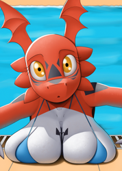 Size: 1174x1650 | Tagged: suggestive, artist:creatiffy, fictional species, guilmon, anthro, digimon, 2022, bikini, bikini bottom, breast squish, breasts, clothes, detailed background, digital art, ears, eyelashes, female, huge breasts, looking at you, poolside, scales, solo, solo female, swimming pool, swimsuit