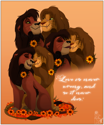 Size: 2912x3481 | Tagged: safe, artist:kingsimba, kopa (the lion king), kovu (the lion king), big cat, feline, lion, mammal, disney, the lion king, duo, duo male, english text, flower, gradient background, happy, kova (the lion king), licking, male, male/male, males only, plant, scars, sitting, text, tongue, tongue out