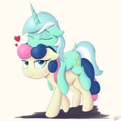 Size: 2000x2000 | Tagged: safe, artist:arcane-thunder, bon bon (mlp), lyra heartstrings (mlp), earth pony, equine, fictional species, mammal, pony, unicorn, feral, friendship is magic, hasbro, my little pony, 2022, atg 2022, cute, duo, duo female, eyelashes, eyes closed, female, female/female, females only, feral/feral, floppy ears, heart, horn, love heart, lyrabon (mlp), mare, newbie artist training grounds, ponies riding ponies, riding, shipping, signature, smiling, tail