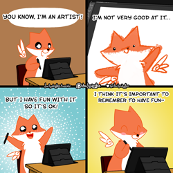 Size: 1280x1280 | Tagged: safe, artist:dailyskyfox, canine, fox, mammal, semi-anthro, comic, drawing, drawing tablet, floating wings, happy, meme, open mouth, open smile, positivity, smiling, stylus, talking, wholesome, wings