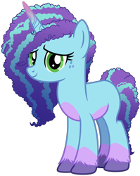 Size: 3464x4351 | Tagged: safe, artist:emeraldblast63, artist:luminousdazzle, misty (mlp g5), equine, fictional species, mammal, pony, unicorn, feral, hasbro, my little pony, my little pony g5, spoiler:my little pony g5, 2022, curly mane, eyelashes, female, freckles, green eyes, high res, hooves, horn, mare, simple background, smiling, solo, solo female, tail, transparent background, unshorn fetlocks