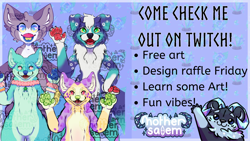 Size: 1600x900 | Tagged: safe, artist:mothersalem, oc, anthro, twitch, adoptable, advertisement, english text, featureless crotch, free art, giveaway, paw pads, paws, raffle, request, text, watermark